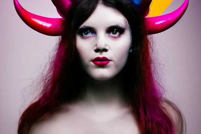 Image similar to pretty demon girl with horns photograph in the style of clemens ascher, colorful, realistic, 8 k