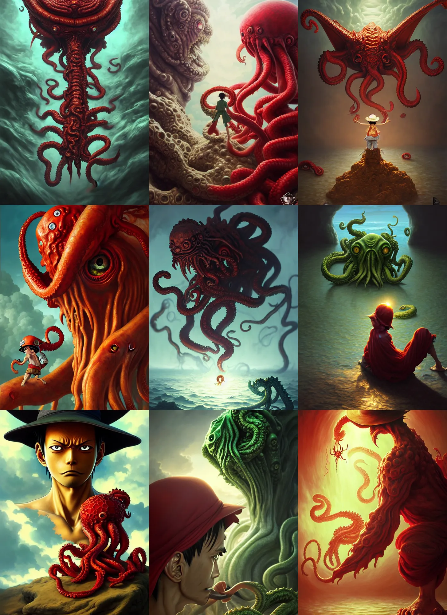 Prompt: luffy and cthulhu, 8 k, from waist up, fantasy, smooth, subtle shadows, fine details, photorealism, hyper realism, octane render, stunning, intricate, elegant, highly detailed, digital painting, artstation, smooth, sharp focus, raw, art by artgerm and greg rutkowski and alphonse mucha and zdzislaw beksinski