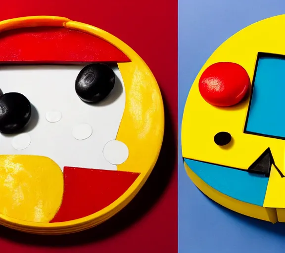 Image similar to color photo still of pac - man and ms pac - man, realistic live action at the breakfast table