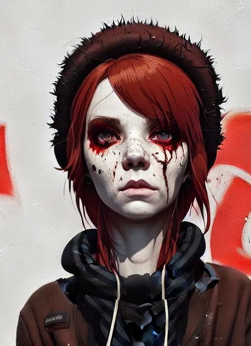 Image similar to highly detailed portrait of a sewer punk canadian lady, tartan hoody, white hair by atey ghailan, by greg rutkowski, by greg tocchini, by james gilleard, by joe fenton, by kaethe butcher, gradient red, brown, blonde cream and white color scheme, grunge aesthetic!!! ( ( graffiti tag wall background ) )