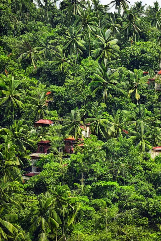 Image similar to abandoned sri lankan city, overgrown greenery, photograph