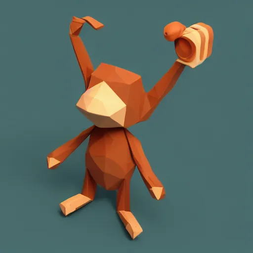 Prompt: isometric cute 3 d low - poly monkey using a sony walkman