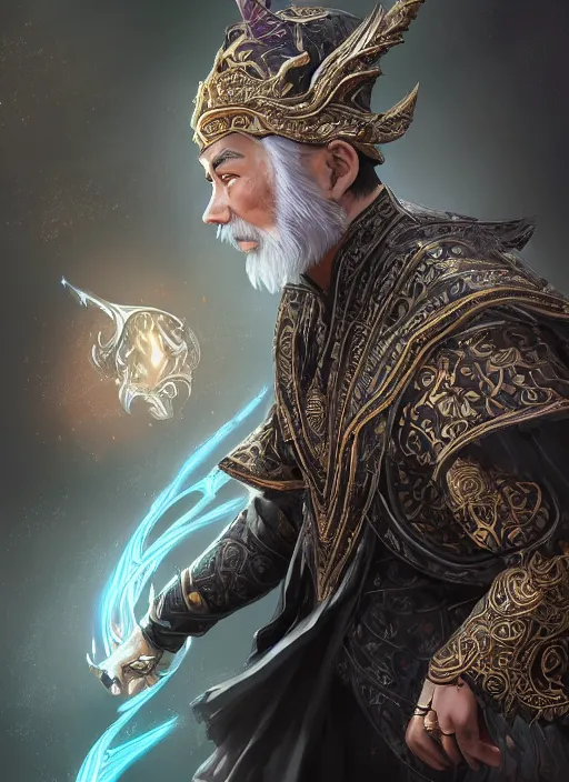 Image similar to a highly detailed illustration of short haired asian man as wizard wearing ornate black robe and mage hat, dramatic magic floating pose, intricate, elegant, highly detailed, centered, digital painting, artstation, concept art, smooth, sharp focus, league of legends concept art, WLOP