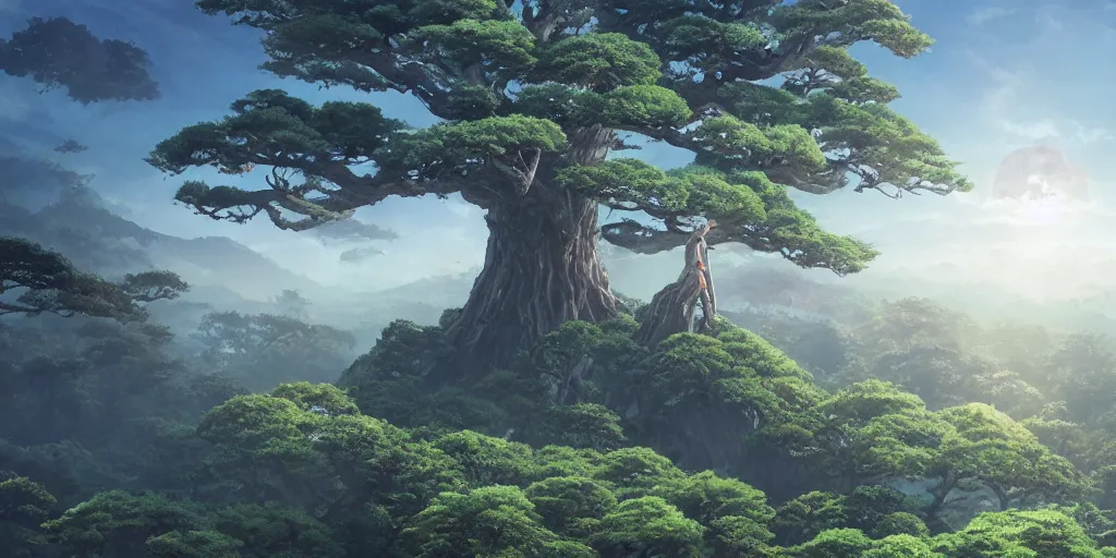 Image similar to giant monster in the distance, forest, standing on a tree top, 4 k, artgerm, high detail, dramatic lighting, sunset, hayao miyazaki, masashi ando, nizou yamamoto, kazuo oga, joe hisaishi, yoji takeshige, naoya tanaka