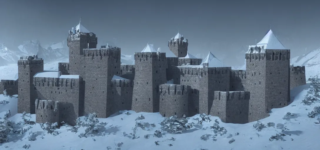 Prompt: A massive geometrically-shaped medieval fortress embedded into the snowy mountains. 4K. Many intrincate details.