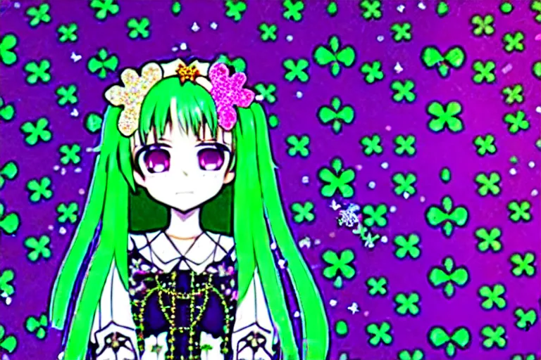 Prompt: baroque bedazzled gothic royalty frames surrounding a hologram of decora styled green haired yotsuba koiwai wearing a gothic spiked jacket, background full of lucky clovers, crosses, and shinning stars, holography, irridescent