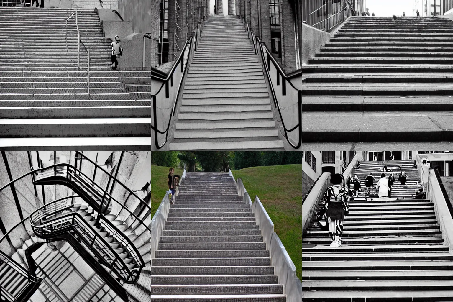 Prompt: MC Escher stairs with Waldo (Where's Waldo) walking on them in different places