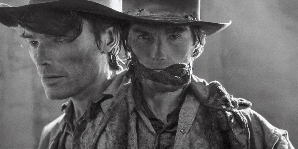 Image similar to portrait of rugged bandit cillian murphy in the old west, strangling a cowboy in volumetric lighting, cinematic, dark, grim. directed by coen brothers.