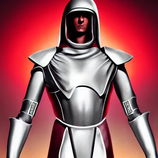 Image similar to portrait of a tall muscular infantry man in glossy sleek white armor with a few red details and a long red cape, heroic posture, deermined expression, on the surface of mars, night time, dramatic lighting, cinematic, sci-fi, hyperrealistic, movie still