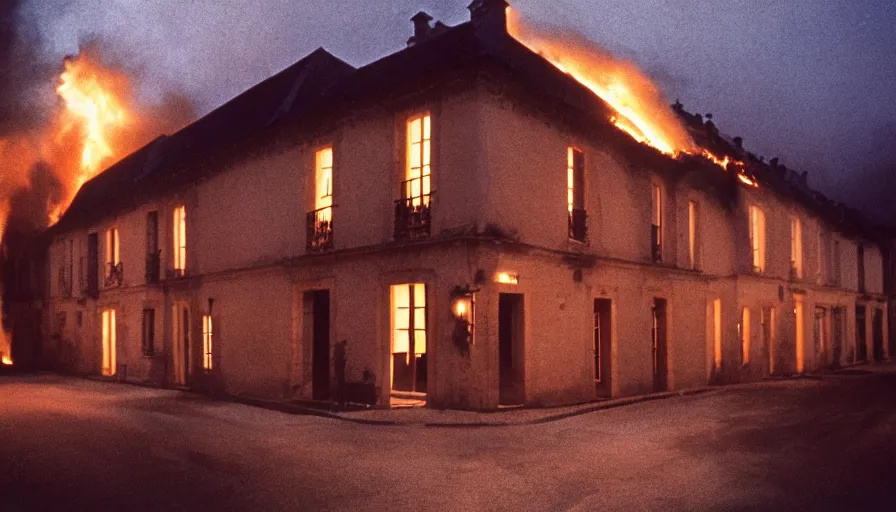 Prompt: 1 9 7 0 s movie still of a heavy burning french style townhouse in a small french village by night, cinestill 8 0 0 t 3 5 mm, heavy grain, high quality, high detail, dramatic light, anamorphic, flares