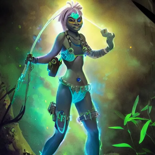 Image similar to a battle - scarred female adventurer, bioluminescence, friendly and smiling, fantasy, jungle exploration