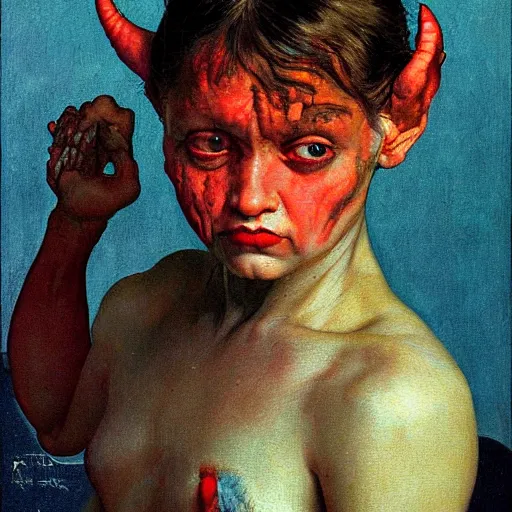 Prompt: Frontal portrait of a demon. The texture of her skin is a mixture of cyan flesh and boney marble. A painting by Norman Rockwell.