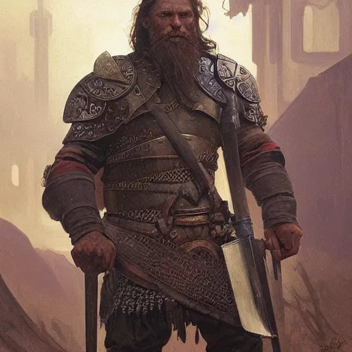 Image similar to rough-skinned, short-bearded undead Viking warrior with ice-pale skin wearing brutalist plate armor with art deco knotwork, by Greg Rutkowski, Brom, and Alphonse Mucha