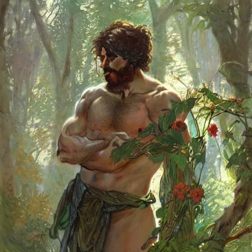 Image similar to god of the forest, 3 0 years old, rugged, male, gorgeous, detailed face, amazing, thighs, flowers, muscular, intricate, highly detailed, digital painting, artstation, concept art, sharp focus, illustration, art by gaston bussiere greg rutkowski alphonse mucha