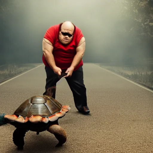 Image similar to danny devito turtle rage, 8 k, professional photography, cinematic shot, dark, smoke, mist