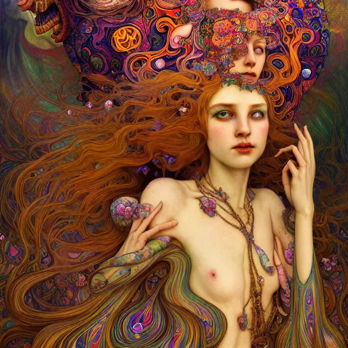 Image similar to extremely psychedelic warped LSD insanity, crazy divergent oddity, diffuse lighting, fantasy, intricate, elegant, highly detailed, lifelike, photorealistic, digital painting, artstation, illustration, concept art, smooth, sharp focus, art by John Collier and Albert Aublet and Krenz Cushart and Artem Demura and Alphonse Mucha