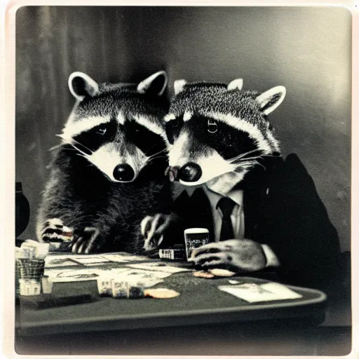 Image similar to ! polaroid photo of gangster raccoons in smokings, smooking cigar, playing poker, dollars on table