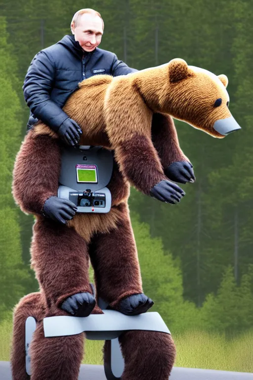 Image similar to a picture of putin ride robotic bear - photorealistic, details, photoshopped taken with canon eos 5 d mark iv, versatile, lens interoperability, autofocus, 4 k uhd video capture at 3 0 fps, 8 k time - lapse functions, by karah mew