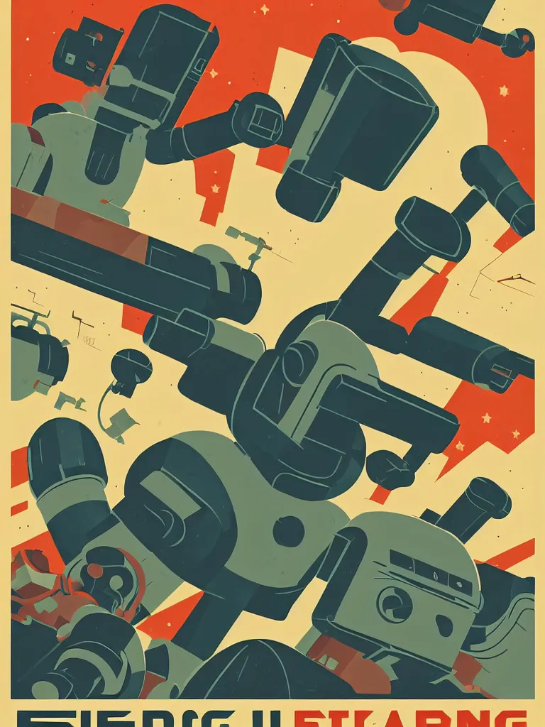 Image similar to tom whalen poster illustration of a large retro science fiction robot battle above city neighbourhood, vintage muted colors, some grungy markings