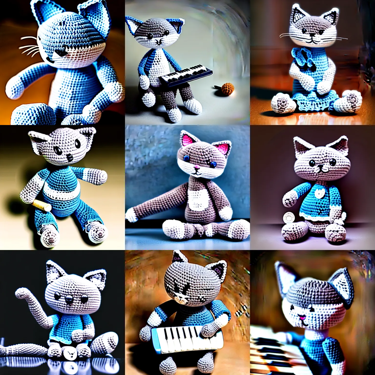 Image similar to product image of a crochet gray cat in light blue shirt playing crochet piano. beautifully made, very detailed, studio lighting, high quality, high resolution