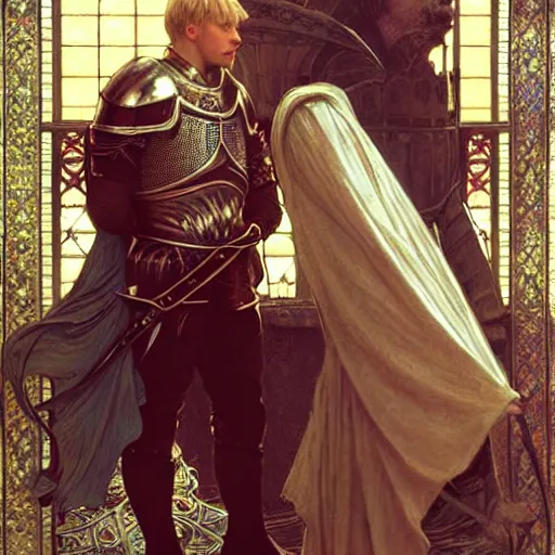 Image similar to attractive arthur pendragon and his favourite attractive male knight, they are in love, camelot, natural lighting, path traced, highly detailed, high quality, digital painting, by gaston bussiere and ross tran and j. c. leyendecker and alphonse mucha