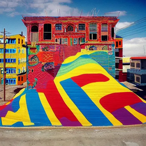 Image similar to freddy mamani, new andean architectire, hyper realism, city, colorfu, l postmodern, cyberpunk, el alto