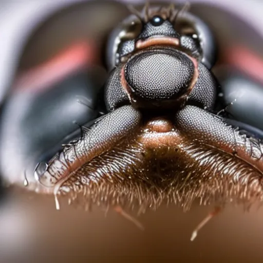 Image similar to a macro photograph of a fly with the head and face of donald trump