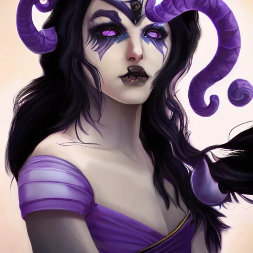 Image similar to a portrait of tiefling bard, light purple skin, bright blue eyes, black hair, black horns pointed upward, ocean in the background, stunning digital art 4 k