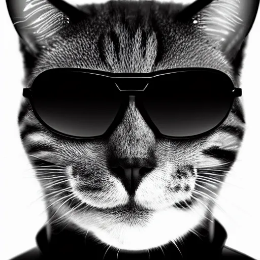 Prompt: Portrait of a cat cosplaying as the T-800 Terminator, wearing sunglasses, digital art, dramatic lighting, trending on Artstation