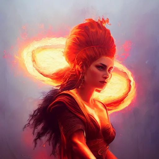 Image similar to a beautiful portrait of a fire goddess, flaming background, a detailed painting by greg rutkowski and raymond swanland, featured on cgsociety, fantasy art, detailed painting, artstation hd, photorealistic