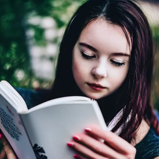 Prompt: a girl reading a book, modelsociety, radiant skin, huge anime eyes, RTX on, perfect face, intricate, Sony a7R IV, symmetric balance, polarizing filter, Photolab, Lightroom, 4K, Dolby Vision, Photography Award