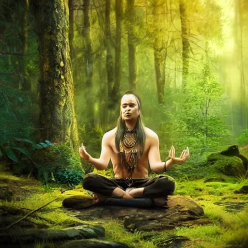 Image similar to meditating shaman in forest, artstation, realistic, nature, best art,