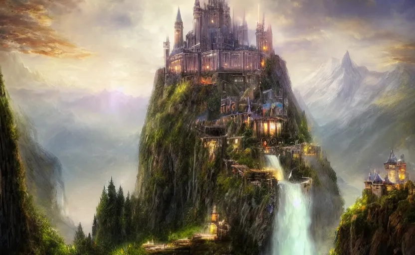 Image similar to beautiful secret city of the elves gondolin on top of a mountain, magical gloomy mystical. by konstantin razumov, fractal flame, chiaroscuro, highly detailded