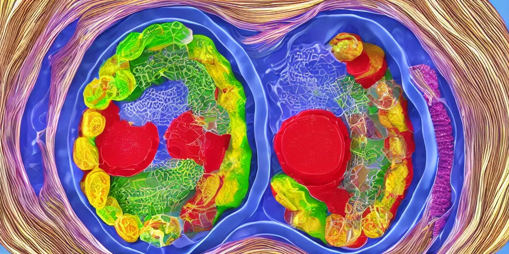 Image similar to cutaway of the interior of a human cell, showing the nucleus and organelles, made of fruit floating in jello