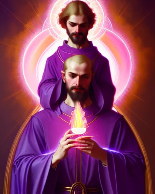 Image similar to portrait of saint germain holding a violet colored flame, purple fire, intricate, elegant, highly detailed, digital painting, artstation, concept art, smooth, sharp focus, illustration, art by artgerm and greg rutkowski and fra angelico and alphons mucha