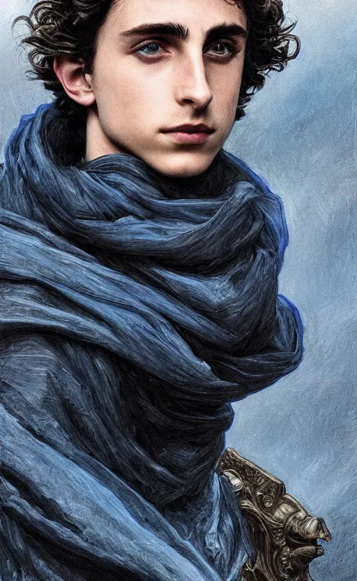 Image similar to beautiful paul atreides timothee chalamet with a three day beard, emperor of the known universe, completely blue eyes, perfect dramatic and dark portrait insanely detailed, concept art, deep focus, intricate, highly detailed, digital painting, artstation, matte, sharp focus, illustration, art by greg rutkowski and alphonse mucha, low angle, dominant eye