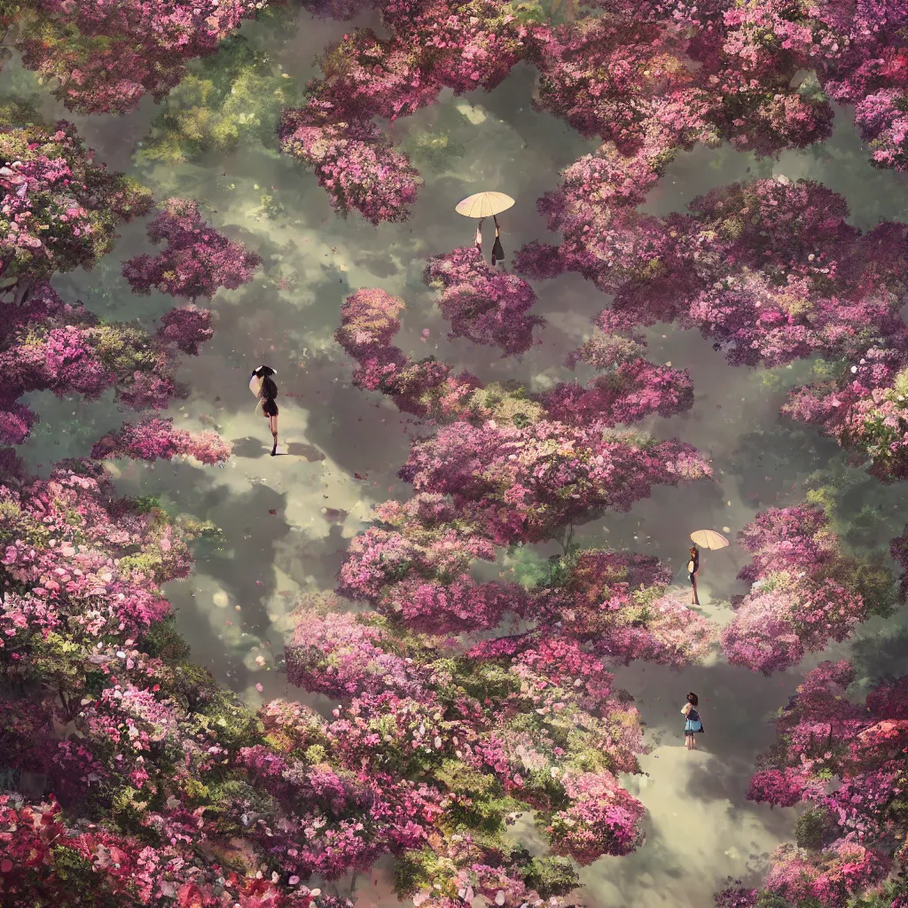 Download A girl surrounded by floating petals of cherry blossom