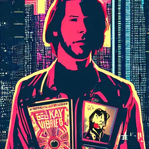 Image similar to Illustrated by Shepard Fairey and H.R. Geiger | Cyberpunk Keanu Reeves with VR helmet, surrounded by cables