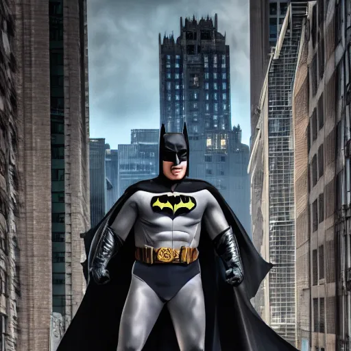 Image similar to Adam West as Batman 2022, 105mm, Canon, f/4, ISO 800, 1/200s, 8K, RAW, symmetrical balance, Dolby Vision, HDR