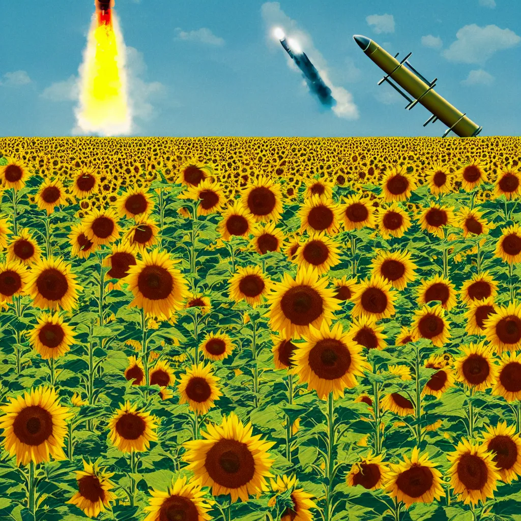 Prompt: A Communist Propaganda Poster of a sunflower field with a large missile in the center of the image.