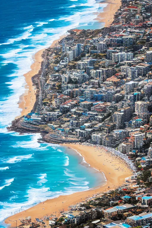 Image similar to Aerial Photo of Bondi Beach, sunrise, turquoise water, volumetric lighting, summer, Cinematic, award winning, photo print.