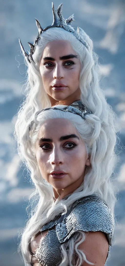 Image similar to Lady Gaga as Daenerys Targaryen mother of dragons, drogon, XF IQ4, 150MP, 50mm, F1.4, ISO 200, 1/160s, natural light