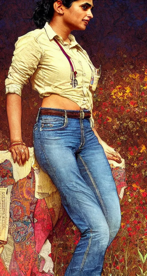 Image similar to close up a beautiful Indian doctor wearing jeans and a shirt in Texas in 2022, sun shining, photo realistic illustration by greg rutkowski, thomas kindkade, alphonse mucha, loish, norman rockwell.