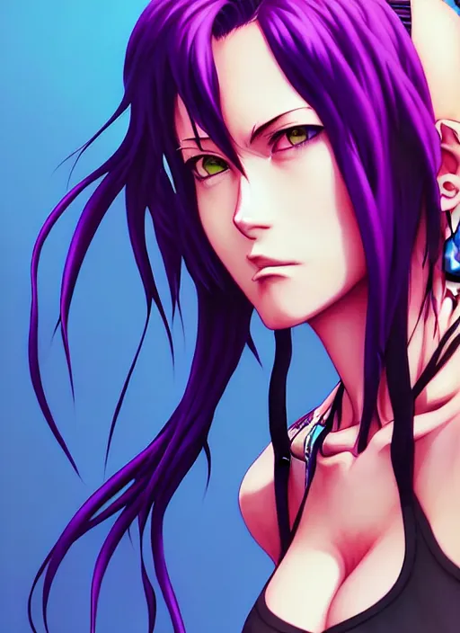 Image similar to revy black lagoon, purple hair, black tank top, jean shorts, tribal sleeve left arm, portrait shinkai makoto, studio ghibli, studio key, hideaki madhouse anime studio, artgerm, lau rossdraws james jean marc simonetti pixiv