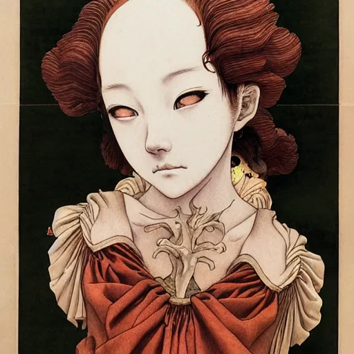 Image similar to prompt: Portrait painted in renaissance style drawn by Katsuhiro Otomo and Takato Yamamoto, inspired by Fables, china doll face, smooth face feature, intricate oil painting, high detail, sharp high detail, manga and anime 2000