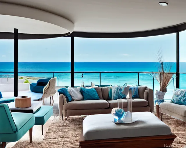 Image similar to A modern living room in a ocean hues style next to a big terrace overlooking the ocean, a luxurious wooden coffee table with large seashells on top in the center, amazing detail, 8k resolution, inspired by the ocean, calm, relaxed style, harmony, wide angle shot