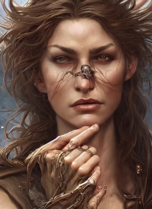 Image similar to close up portrait of a ruggedly handsome female witch, soft hair, muscular, half body, leather, hairy, d & d, fantasy, intricate, elegant, highly detailed, digital painting, artstation, concept art, smooth, sharp focus, illustration, art by artgerm and greg rutkowski and alphonse mucha