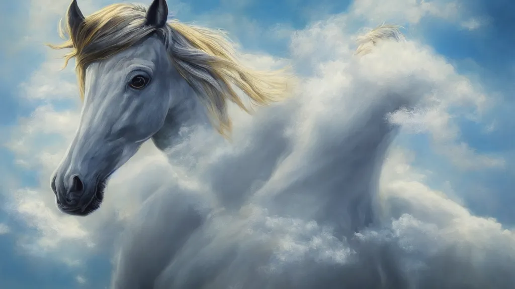 Image similar to very realistic oil painting of horse made of clouds , beautiful, highly detailed, masterpiece, next to a small crystal clear river, Hearthstone style