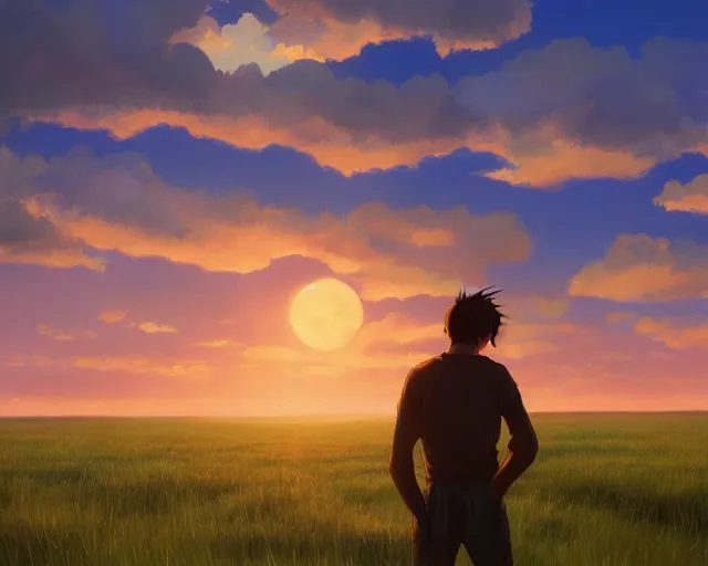 Prompt: a painting of a man standing in a field at sunset, a detailed matte painting by makoto shinkai, cgsociety, neo - primitivism, anamorphic lens flare, matte painting, global illumination
