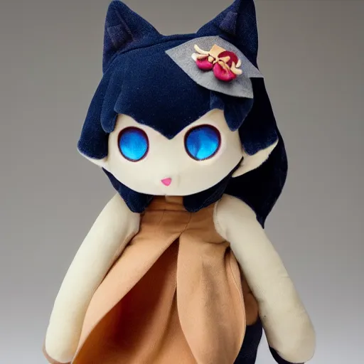 Image similar to cute fumo plush of a devout cat girl from a secret cult, the order of the burning shadow, studio lighting, chaotic neutral
